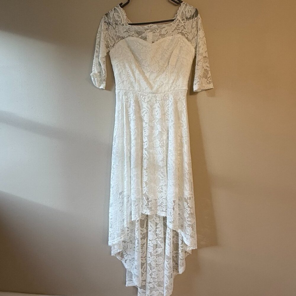 Women Floral Lace Bridesmaid Part Dress High Low Hem V-neck Formal Dresses